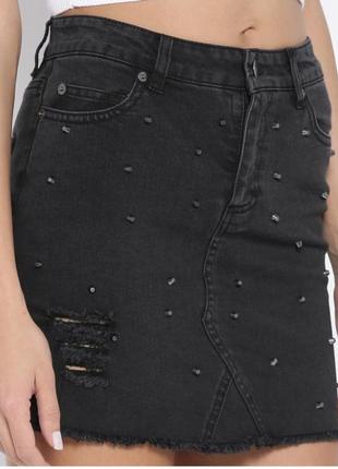 🎁1+1=3 фирменная серо-черная джинсовая короткая юбка, размер 48 - 501 фото
