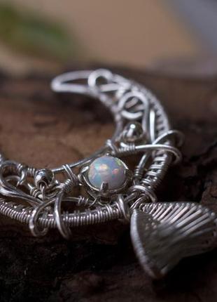 Серебряный 925 кулон луна из опалом. кулон полумесяц. амулет лунница