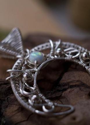 Серебряный 925 кулон луна из опалом. кулон полумесяц. амулет лунница