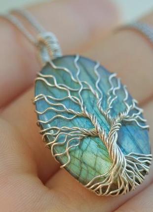 Серебряный кулон дерево жизни из синим лабрадоритом (лабрадором)8 фото