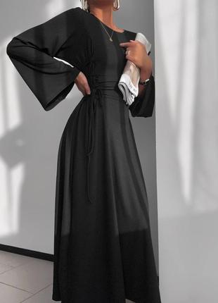 Черное трикотажное платье рубчик с завязками на талии xs s m l вечернее платье меди 42 44 46 484 фото