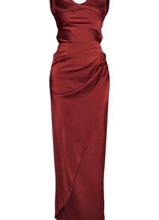 Вечернее бордовое красное макси длинное сатиновое платье выпускное платье бургунди plt4 фото