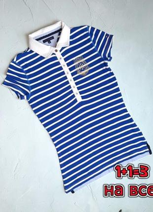 🌿1+1=3 брендовая синяя женская футболка поло в полоску tommy hilfiger, размер 42 - 44