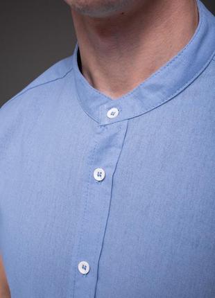 Рубашка голубая мужская из льна короткий рукав5 фото