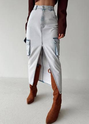 Жіноча джинсова спідниця міді з розрізом, з кишенями, довга юбка, джинс, пряма , блакитна