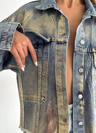 Женская джинсовая куртка с напылением, джинсовка, с золотым, серебряным напылением, классическая, джинс, базовая8 фото