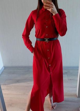 Сукня рубашка максі червона1 фото