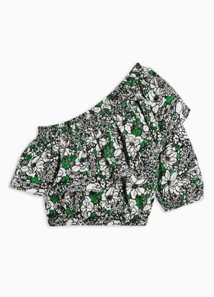 Topshop блуза на одне плече, укорочений літній об'ємний топ, топ з рюшамт квітковий принт3 фото