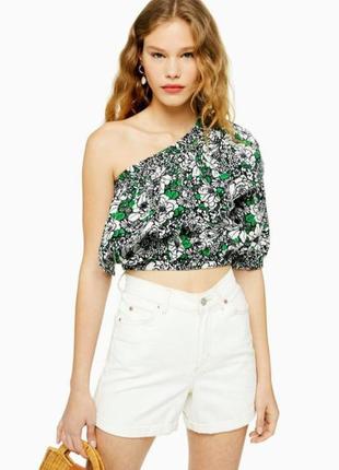Topshop блуза на одне плече, укорочений літній об'ємний топ, топ з рюшамт квітковий принт