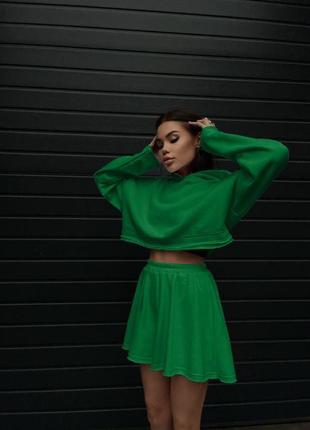 Костюм женский зеленый худи укороченное короткая кофта с капюшоном шорты юбка широкие короткие летний демисезонный комплект2 фото