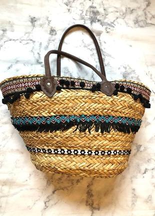 💛розпродаж!!🩵 объёмная сумка пляжная, натуральная из соломы, с кисточками
