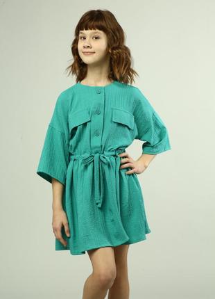 Детское платье зеленое ткань жатка размер 134,1521 фото