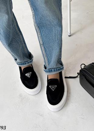 Женские лоферы, черный/белый, натуральная замша