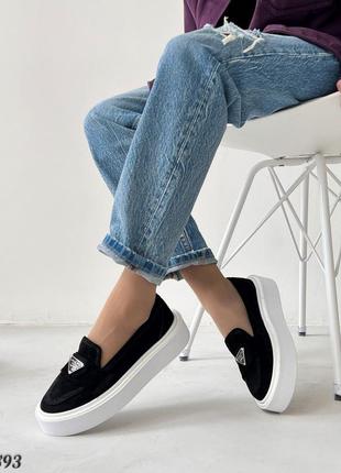 Женские лоферы, черный/белый, натуральная замша