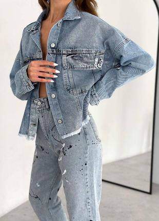 Женская трендовая джинсовая куртка джинсовка с золотым с серебряным напылением6 фото