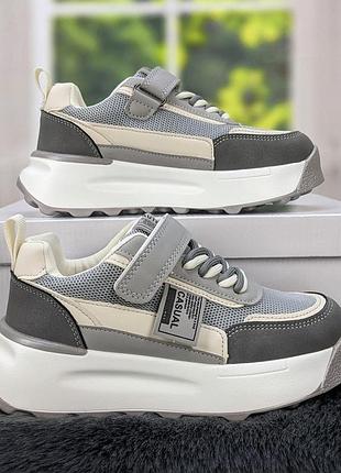 Кроссовки детские для девочки серые эко-кожа с сеткой на платформе gfb 5330