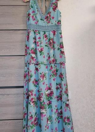Воздушное голубое платье макси, в цветочный принт miss selfridge (размер 36-38)6 фото