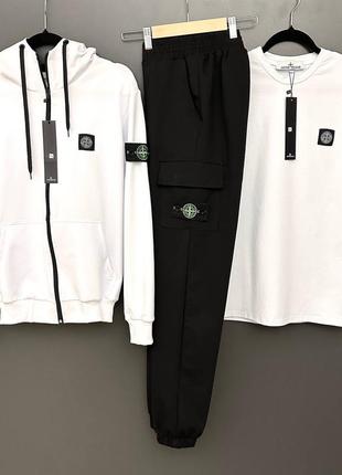 Чоловічий весняний спортивний костюм в стилі stone island стон айленд чорно-білий двонитка бавовняний ( зіп-худі та штани ) xs-3xl8 фото