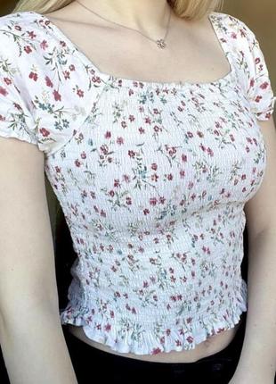 🤍базовый топ xs/s в цветочный принт белый летний весенний кроп топ топик блуза блузка на резинке на завязках с квадратным вырезом1 фото