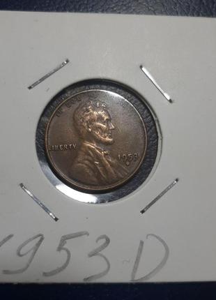 Монета сша 1 цент, 1953 года, "d" - денвер2 фото