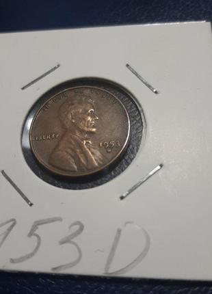 Монета сша 1 цент, 1953 года, "d" - денвер3 фото