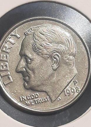 Монета сша 1 дайм, 1998 года, дайм рузвельта, мітка монетного двору "p" - філадельфія1 фото