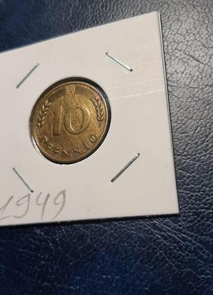 Монета німеччина 10 пфенігів, 1949 року,  мітка монетного двору "j" - гамбург5 фото