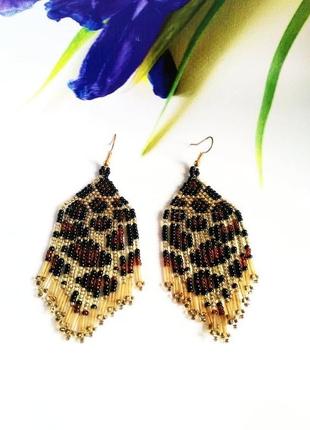 Серьги из бисера леопардовые оранжевые блестящие серьг ручная работа лучший подарок