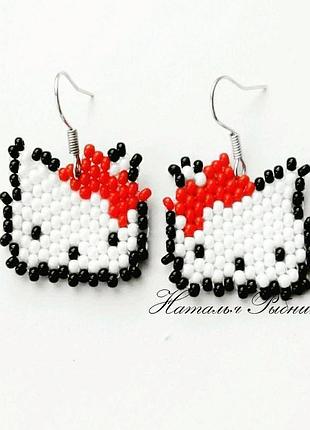 Серьги из бисера китти детские серьги купить подарок для ребенка белые серьги из мультика кити китти