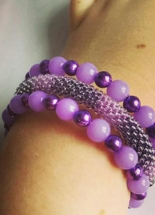 Фіолетовий браслет з бісеру потрійний безрозмірний браслет, кращий подарунок3 фото