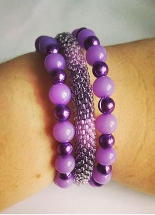 Фиолетовый браслет из бисера тройной безразмерный браслет, лучший подарок5 фото