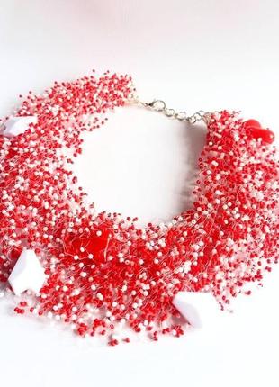 Колье серьдце из бисера ожерелье на день святого валентина стильное эксклюзивное колье3 фото