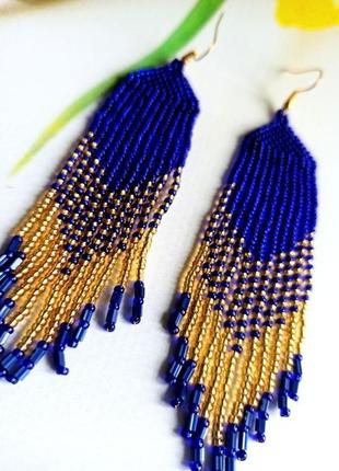 Сережки з бісеру сині з золотим переливом ексклюзивні сережки на подарунок6 фото
