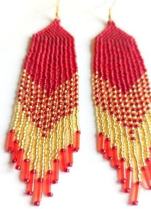 Сережки з бісеру червоні з золотим переливом ексклюзивні сережки на подарунок4 фото