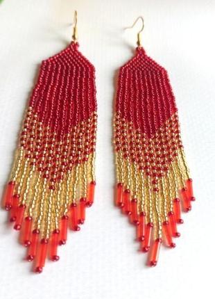 Сережки з бісеру червоні з золотим переливом ексклюзивні сережки на подарунок5 фото