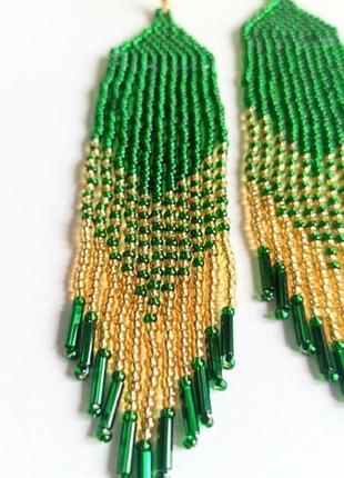 Серьги из бисера зеленые с золотым переливом эксклюзивные серьги на подарок3 фото