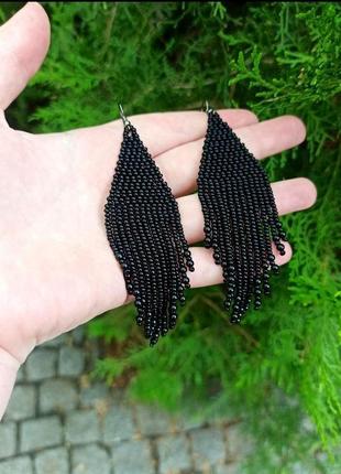Чорні ексклюзивні сережки з бісеру, вечірні сережки ручної роботи2 фото