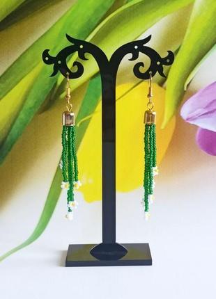 Зеленые серьги женские, разноцветные серьги, трендовые ромашки из бисера подарок девушке9 фото