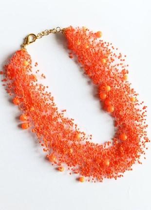 Яркое оранжевое колье, воздушное ожерелье на подарок, оранжевое украшение3 фото