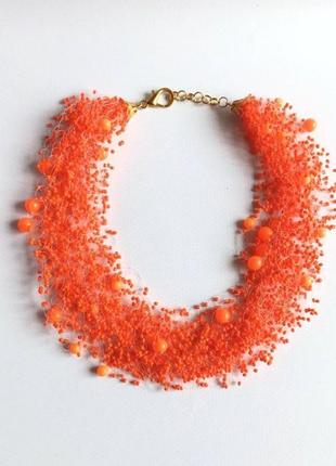 Яркое оранжевое колье, воздушное ожерелье на подарок, оранжевое украшение6 фото
