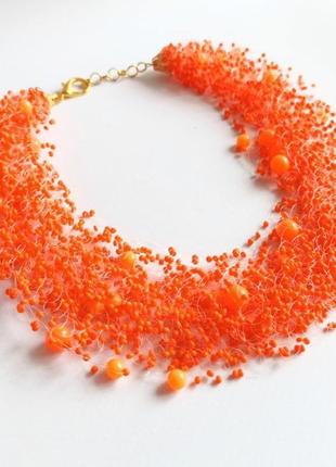 Яркое оранжевое колье, воздушное ожерелье на подарок, оранжевое украшение1 фото