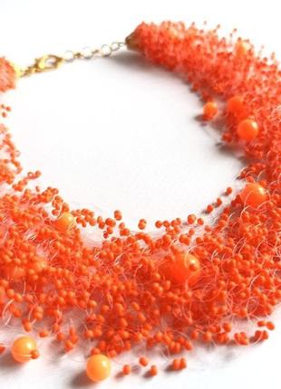 Яркое оранжевое колье, воздушное ожерелье на подарок, оранжевое украшение5 фото