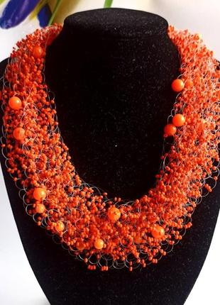 Яркое оранжевое колье, воздушное ожерелье на подарок, оранжевое украшение4 фото