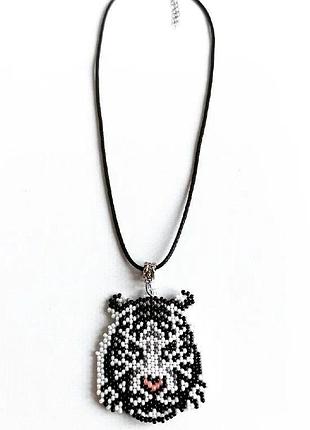 Кулон тигр из бисера, кулон на подарок, белый тигр из бисера на подарок