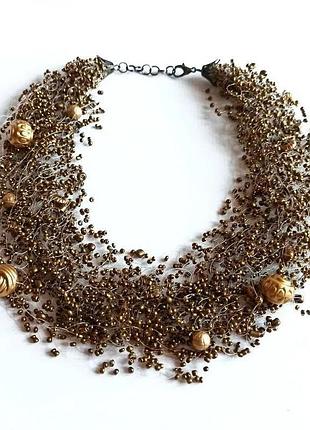 Колье темно-золотого цвета, шикарное золотистое колье из бисера на подарок