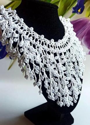 Белое колье из бисера, красивое свадебное колье, бисерное ожерелье на шею5 фото