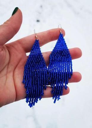Синие серьги из бисера, синие длинные красивые женские серьги на подарок9 фото