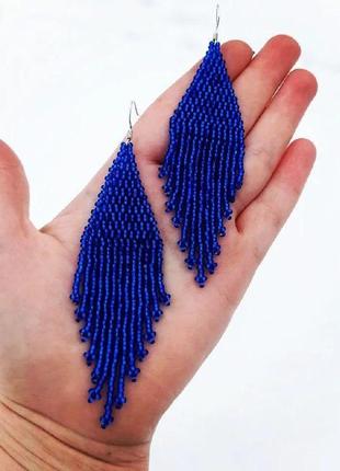 Синие серьги из бисера, синие длинные красивые женские серьги на подарок8 фото