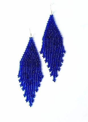 Синие серьги из бисера, синие длинные красивые женские серьги на подарок6 фото