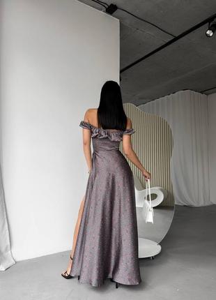 Принтованное шелковое платье макси с разрезом, длинное платье из шелка в цветы3 фото